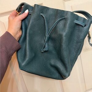 Portland Leather Teal Drawstring Bucket Crossbody Bag